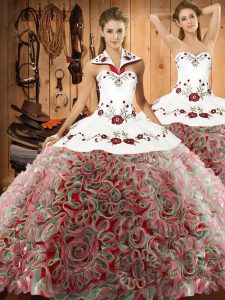 Customized Multi-color Fabric With Rolling Flowers Lace Up Halter Top Sleeveless Vestidos de Quinceanera Sweep Train Embroidery
