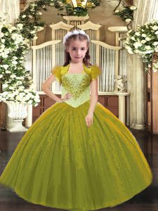 Floor Length Olive Green Little Girl Pageant Dress Tulle Sleeveless Beading