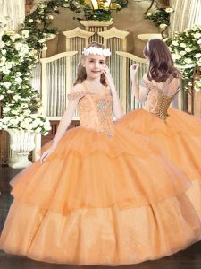 Beauteous Orange Lace Up Little Girl Pageant Dress Beading and Ruffled Layers Sleeveless Floor Length