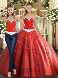 Exquisite Ball Gowns Vestidos de Quinceanera Coral Red Sweetheart Tulle Sleeveless Floor Length Lace Up