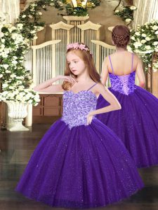 Top Selling Purple Sleeveless Tulle Lace Up Girls Pageant Dresses for Party and Quinceanera