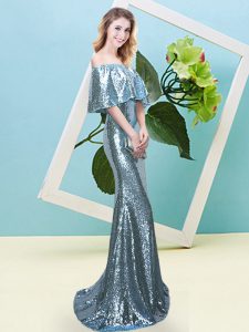 New Arrival Half Sleeves Sequined Floor Length Zipper in Light Blue with Sequins