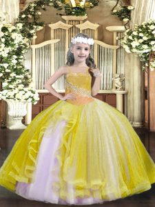 Trendy Light Yellow Ball Gowns Tulle Straps Sleeveless Beading Floor Length Lace Up Little Girls Pageant Dress