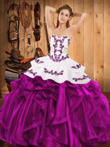 On Sale Fuchsia Ball Gowns Embroidery and Ruffles Ball Gown Prom Dress Lace Up Satin and Organza Sleeveless Floor Length