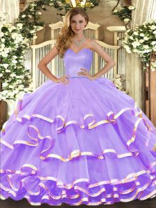 Most Popular Lavender Ball Gowns Sweetheart Sleeveless Organza Floor Length Lace Up Ruffled Layers Quinceanera Dresses