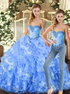 Lovely Baby Blue and Light Blue Vestidos de Quinceanera Military Ball and Sweet 16 and Quinceanera with Beading and Ruffles Sweetheart Sleeveless Lace Up