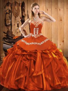 On Sale Rust Red Sleeveless Satin and Organza Lace Up Quinceanera Gowns for Military Ball and Sweet 16 and Quinceanera