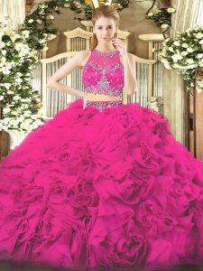 Fuchsia Sleeveless Fabric With Rolling Flowers Zipper Quinceanera Dress for Military Ball and Sweet 16 and Quinceanera and Beach