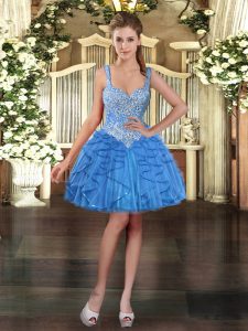 High Quality Mini Length Baby Blue Prom Evening Gown Straps Sleeveless Lace Up