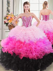 Sleeveless Organza Floor Length Lace Up Sweet 16 Dresses in Multi-color with Beading and Ruffles