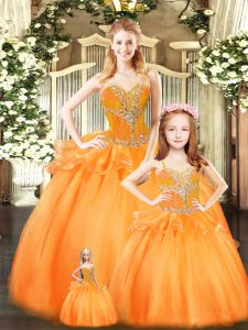Eye-catching Floor Length Orange Red Quinceanera Gown Tulle Sleeveless Beading and Ruffles