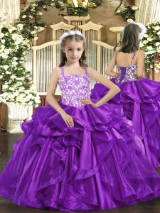 Eggplant Purple Sleeveless Floor Length Beading and Ruffles Lace Up Little Girls Pageant Dress