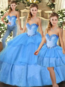 Sleeveless Organza Floor Length Lace Up Quinceanera Dress in Baby Blue with Beading and Ruffled Layers