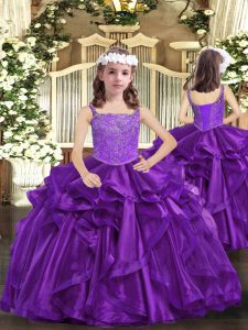 Eggplant Purple and Purple Sleeveless Floor Length Beading Lace Up Pageant Dress for Girls