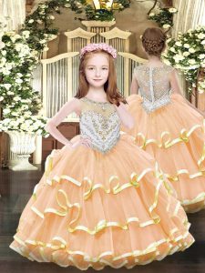 Fancy Orange Zipper Little Girl Pageant Gowns Beading and Ruffled Layers Sleeveless Floor Length