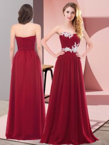 Wine Red Chiffon Lace Up Sweetheart Sleeveless Floor Length Prom Evening Gown Appliques
