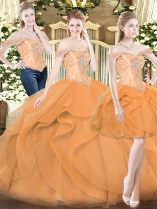 Floor Length Lace Up Quinceanera Dress Orange Red for Military Ball and Sweet 16 and Quinceanera with Ruffles