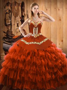 Graceful Rust Red Sweetheart Lace Up Embroidery and Ruffled Layers Quinceanera Gowns Sleeveless