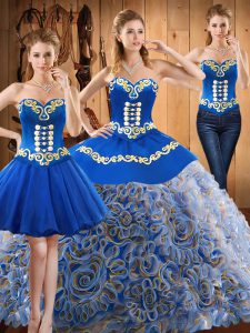 Multi-color Three Pieces Sweetheart Sleeveless Satin and Fabric With Rolling Flowers With Train Sweep Train Lace Up Embroidery Sweet 16 Quinceanera Dress