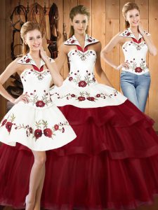 With Train Wine Red Sweet 16 Quinceanera Dress Satin and Organza Sweep Train Sleeveless Embroidery and Ruffled Layers