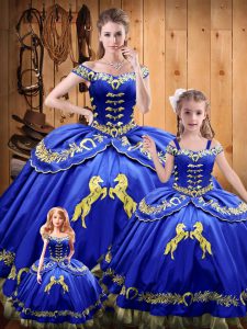 Ball Gowns Quinceanera Dress Royal Blue Off The Shoulder Satin and Organza Sleeveless Floor Length Lace Up