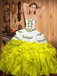 Yellow Green Ball Gowns Satin and Organza Strapless Sleeveless Embroidery and Ruffles Floor Length Lace Up Sweet 16 Dress