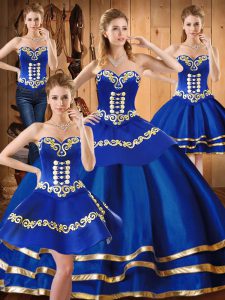 Sleeveless Satin and Tulle Floor Length Lace Up Sweet 16 Dress in Blue with Embroidery