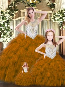 Fantastic Tulle Scoop Sleeveless Lace Up Beading and Ruffles Vestidos de Quinceanera in Brown