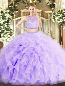 Flirting Lavender Sleeveless Floor Length Beading and Ruffles Zipper Quinceanera Dresses