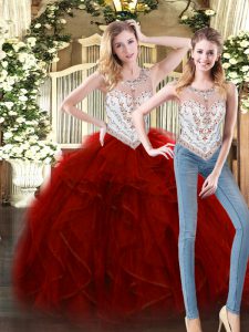 Graceful Wine Red Ball Gowns Scoop Sleeveless Tulle Floor Length Zipper Beading and Ruffles 15th Birthday Dress