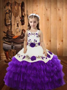 Eggplant Purple Ball Gowns Embroidery and Ruffled Layers Little Girls Pageant Dress Wholesale Lace Up Organza Sleeveless Floor Length