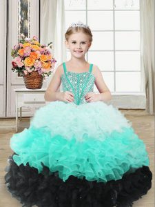 Sleeveless Lace Up Floor Length Beading and Ruffles Little Girl Pageant Dress