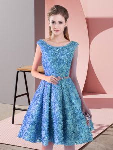 Glittering Baby Blue Lace Lace Up Prom Evening Gown Sleeveless Knee Length Belt