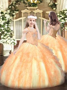 Great Orange Organza Lace Up Off The Shoulder Sleeveless Floor Length Little Girls Pageant Dress Beading and Ruffles