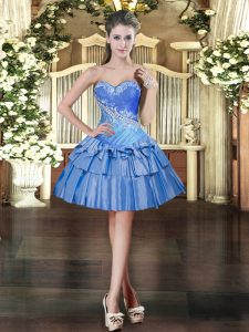 Baby Blue Organza Lace Up Prom Evening Gown Sleeveless Mini Length Beading and Ruffled Layers