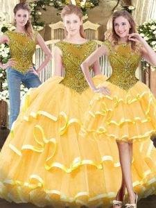 Gold Zipper Scoop Beading and Ruffled Layers Quince Ball Gowns Tulle Sleeveless