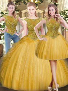 Elegant Floor Length Gold Sweet 16 Dresses Tulle Sleeveless Beading and Ruffles
