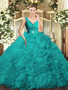 Beading and Ruching 15th Birthday Dress Turquoise Backless Sleeveless Floor Length