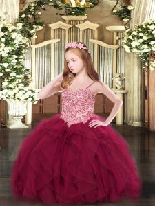 Wine Red Spaghetti Straps Neckline Appliques and Ruffles Little Girl Pageant Gowns Sleeveless Lace Up