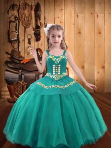 Teal Ball Gowns Straps Sleeveless Organza Lace Up Embroidery and Ruffles Glitz Pageant Dress