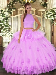 Eye-catching Lilac Sleeveless Beading and Appliques and Ruffles Floor Length Ball Gown Prom Dress