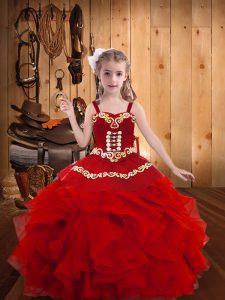Floor Length Lace Up Custom Made Pageant Dress Red for Party and Sweet 16 and Quinceanera and Wedding Party with Embroidery and Ruffles