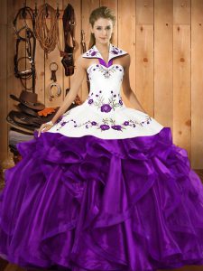 Perfect Purple Organza Lace Up Quinceanera Dresses Sleeveless Floor Length Embroidery and Ruffles