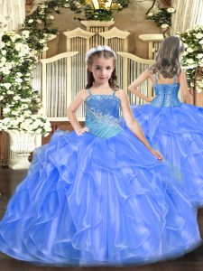 Ball Gowns Little Girls Pageant Dress Blue Straps Organza and Sequined Sleeveless Floor Length Lace Up