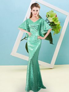 Fitting Turquoise Mermaid Sequins Prom Dress Zipper Sequined Half Sleeves Floor Length