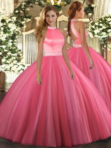 Coral Red Halter Top Neckline Beading Quinceanera Dress Sleeveless Backless