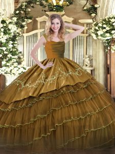 New Style Brown Straps Neckline Embroidery and Ruffled Layers Sweet 16 Quinceanera Dress Sleeveless Zipper