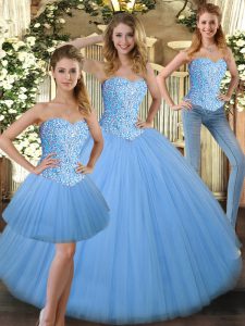 Baby Blue Tulle Lace Up Sweetheart Sleeveless Floor Length Quinceanera Dress Beading