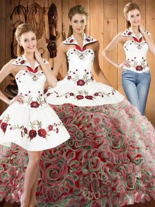 Dramatic Halter Top Sleeveless Vestidos de Quinceanera Sweep Train Embroidery Multi-color Fabric With Rolling Flowers
