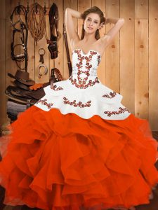 Orange Red Ball Gowns Satin and Organza Strapless Sleeveless Embroidery and Ruffles Floor Length Lace Up Quince Ball Gowns